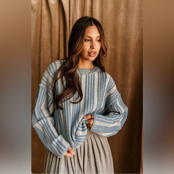 NWOT EMBER WASHED BLUE & CREAM STRIPE SWEATER - Picture 2 of 8